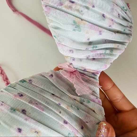 NEW VS VICTORIAS SECRET Blue Mesh Lavender Floral Ruffle Padded Demi Bra 32D - Picture 2 of 8